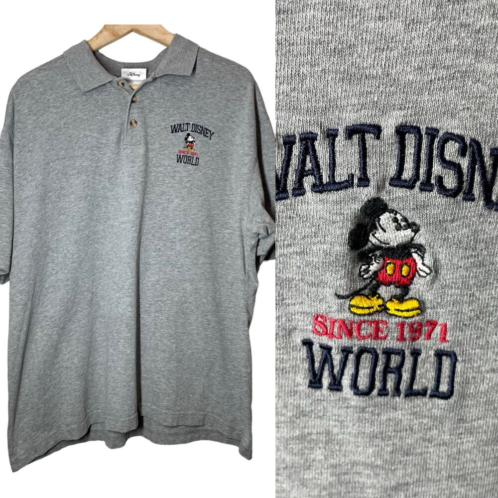 Walt Disney World Mens Gray Polo Shirt Short Sleeve Embroidered XL Mickey Mouse